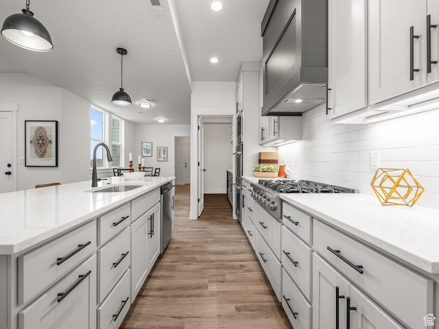 804 W 900 S, Springville, UT 84663 - kitchen featuring tasteful backsplash, light wood-style floors, stainless steel appliances, wall chimney exhaust hood, and a sink