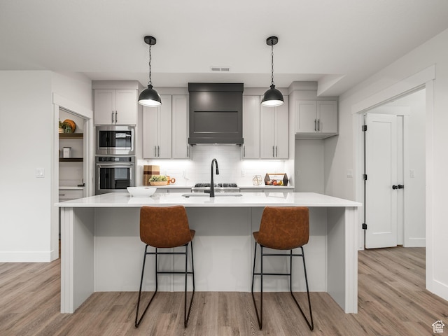 804 W 900 S, Springville, UT 84663 - kitchen with visible vents, backsplash, light countertops, custom range hood, and stainless steel appliances