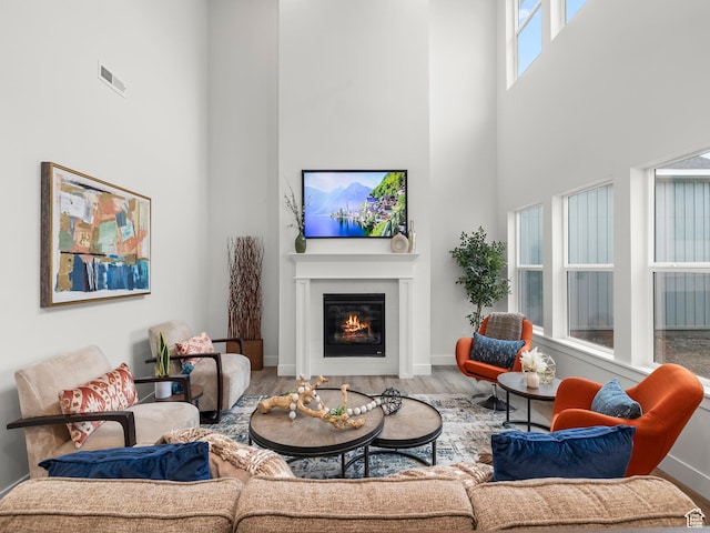804 W 900 S, Springville, UT 84663 - living area with visible vents, baseboards, a high ceiling, wood finished floors, and a glass covered fireplace