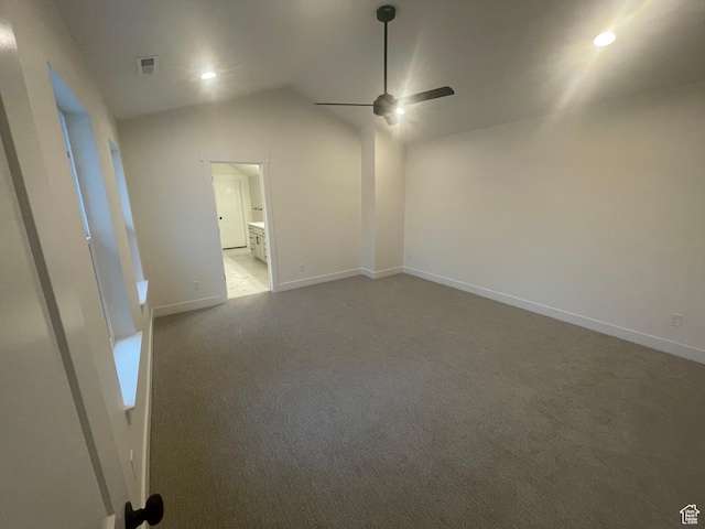 804 W 900 S, Springville, UT 84663 - carpeted empty room featuring visible vents, baseboards, ceiling fan, and vaulted ceiling