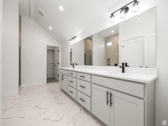 804 W 900 S, Springville, UT 84663 - full bathroom with baseboards, double vanity, a sink, vaulted ceiling, and marble finish floor