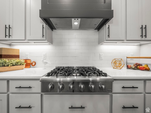 804 W 900 S, Springville, UT 84663 - kitchen featuring wall chimney range hood, light stone countertops, tasteful backsplash, and stainless steel gas stovetop