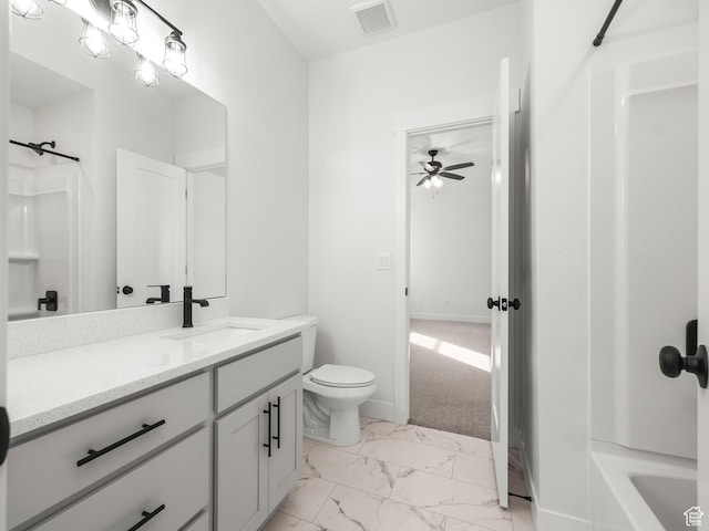 804 W 900 S, Springville, UT 84663 - full bathroom featuring vanity, visible vents, ceiling fan, toilet, and marble finish floor