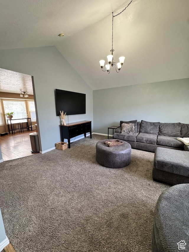 840 E 170 N, Heber City, UT 84032 - carpeted living room with a chandelier, vaulted ceiling, and baseboards