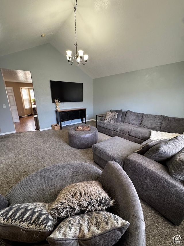 840 E 170 N, Heber City, UT 84032 - living area with carpet flooring, a chandelier, lofted ceiling, and baseboards