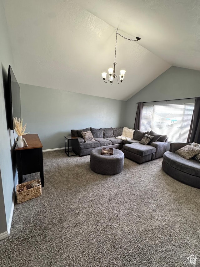 840 E 170 N, Heber City, UT 84032 - carpeted living room featuring vaulted ceiling, a chandelier, and baseboards