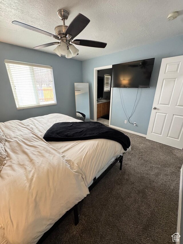 840 E 170 N, Heber City, UT 84032 - carpeted bedroom featuring a textured ceiling, a ceiling fan, baseboards, and ensuite bathroom