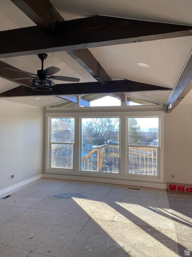 525 S 75 W, Providence, UT 84332 - empty room featuring vaulted ceiling with beams, a ceiling fan, and baseboards