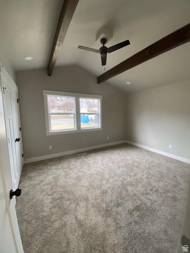 525 S 75 W, Providence, UT 84332 - carpeted spare room with lofted ceiling with beams, baseboards, and a ceiling fan