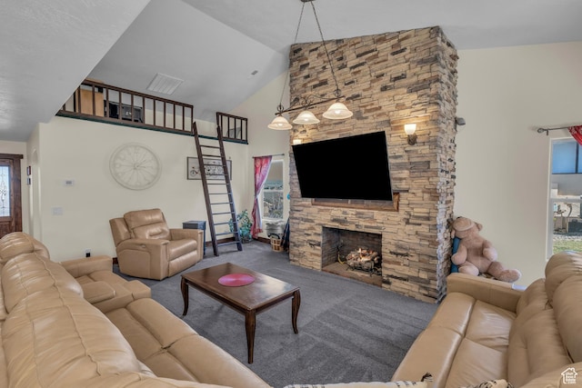 1060 E Summit Ridge Dr, St George, UT 84790 - living room with visible vents, a fireplace, high vaulted ceiling, and carpet floors