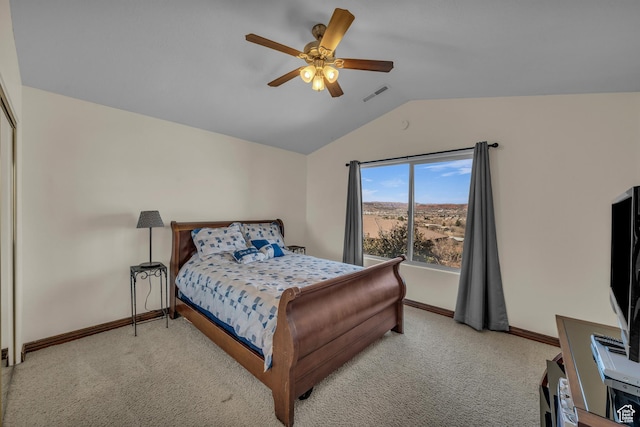 1060 E Summit Ridge Dr, St George, UT 84790 - carpeted bedroom with visible vents, baseboards, a ceiling fan, and vaulted ceiling