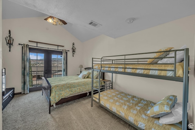 1060 E Summit Ridge Dr, St George, UT 84790 - carpeted bedroom with visible vents, baseboards, ceiling fan, vaulted ceiling, and access to outside