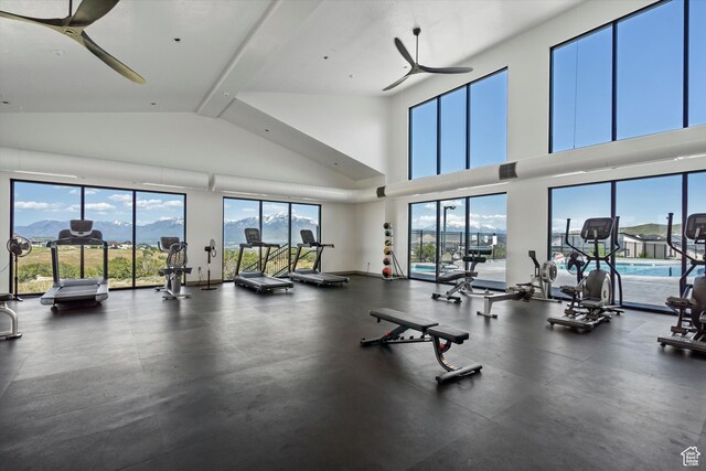 4823 W Mossley Dr, Herriman, UT 84096 - exercise room with ceiling fan and high vaulted ceiling