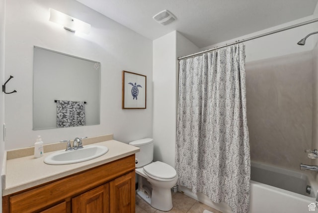 full bathroom with vanity, visible vents, tile patterned flooring, toilet, and shower / tub combo with curtain