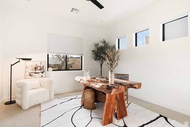 carpeted office space with a wealth of natural light, baseboards, and a ceiling fan