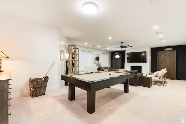 rec room featuring recessed lighting, light carpet, a ceiling fan, and pool table