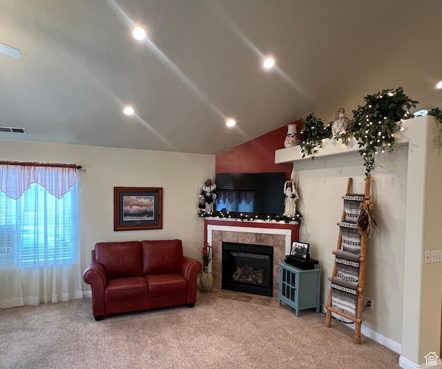188 S 1970 W Unit L4, Lehi, UT 84043 - carpeted living area with visible vents, baseboards, lofted ceiling, recessed lighting, and a tile fireplace