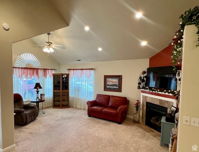 188 S 1970 W Unit L4, Lehi, UT 84043 - carpeted living room with a wealth of natural light, lofted ceiling, ceiling fan, and a tiled fireplace