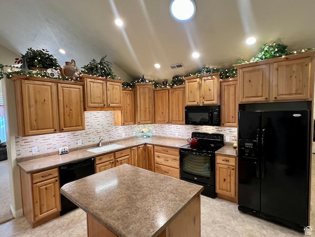 188 S 1970 W Unit L4, Lehi, UT 84043 - kitchen with visible vents, a center island, vaulted ceiling, black appliances, and a sink