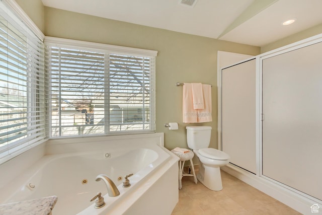 92 W Centerville Commons Way, Centerville, UT 84014 - full bath featuring visible vents, a stall shower, tile patterned floors, a jetted tub, and toilet