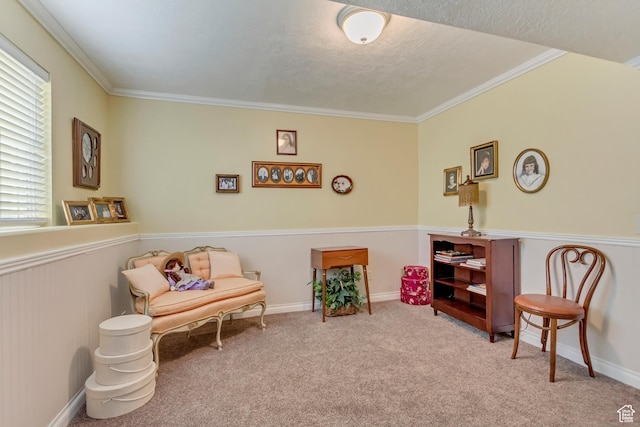 92 W Centerville Commons Way, Centerville, UT 84014 - sitting room with carpet flooring, a textured ceiling, crown molding, and baseboards
