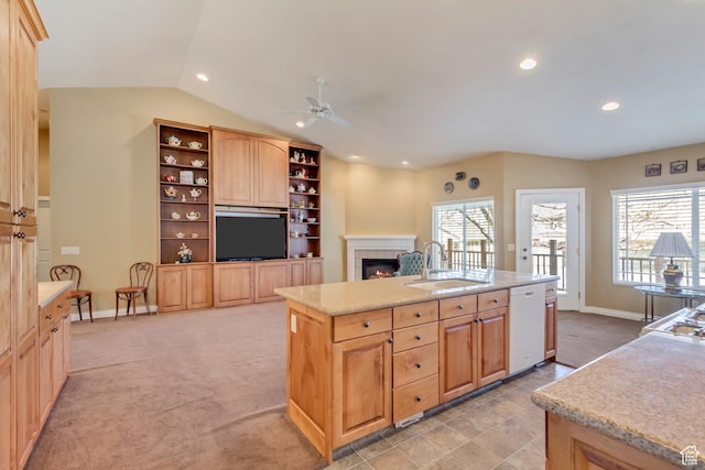92 W Centerville Commons Way, Centerville, UT 84014 - kitchen featuring a ceiling fan, open shelves, white dishwasher, a sink, and a wealth of natural light