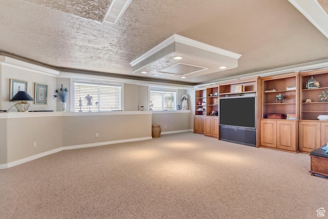 92 W Centerville Commons Way, Centerville, UT 84014 - unfurnished living room with a textured ceiling, ornamental molding, baseboards, and light carpet