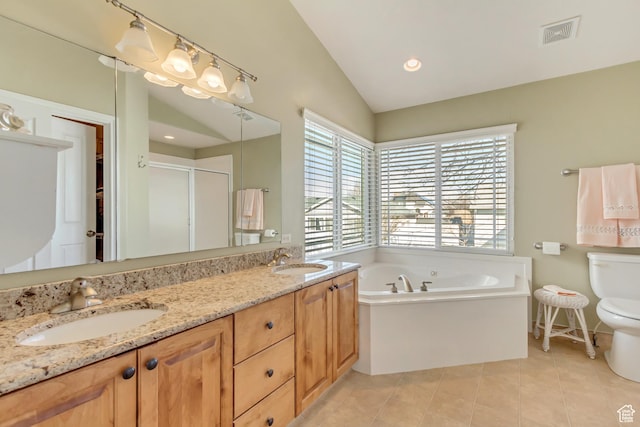 92 W Centerville Commons Way, Centerville, UT 84014 - bathroom featuring vaulted ceiling, visible vents, tile patterned floors, and a sink