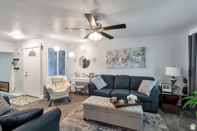 1333 S Lorl Ln E Unit 6, Ogden, UT 84404 - carpeted living room featuring a textured ceiling and a ceiling fan