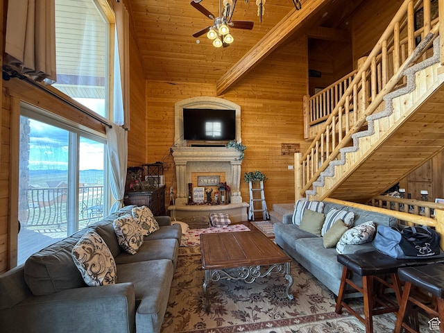 8043 E Badger Dr N, Heber City, UT 84032 - living room featuring wood walls, ceiling fan, a fireplace with raised hearth, a towering ceiling, and wood ceiling