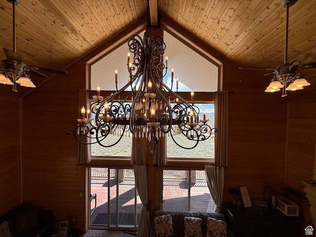 8043 E Badger Dr N, Heber City, UT 84032 - detailed view of a ceiling fan, a chandelier, wooden ceiling, and wood walls