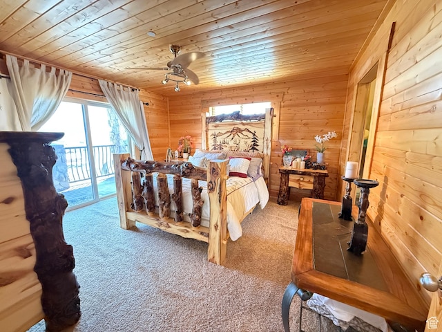 8043 E Badger Dr N, Heber City, UT 84032 - carpeted bedroom featuring access to outside, wood ceiling, and wooden walls