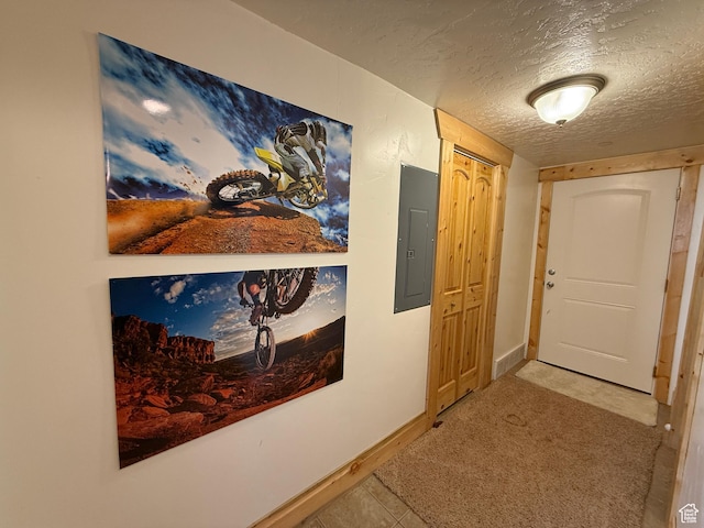 8043 E Badger Dr N, Heber City, UT 84032 - hallway featuring electric panel, a textured ceiling, carpet flooring, and baseboards