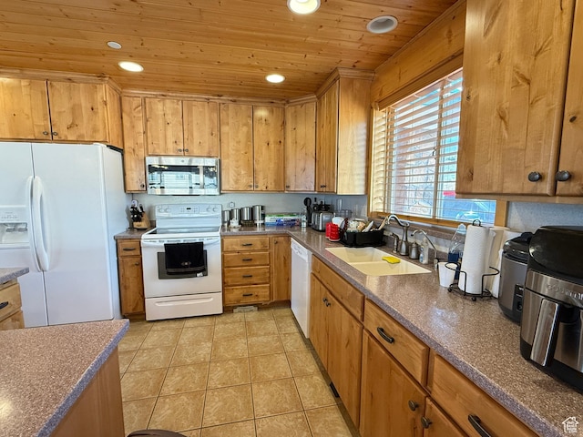 8043 E Badger Dr N, Heber City, UT 84032 - kitchen with white appliances, a sink, wood ceiling, recessed lighting, and light tile patterned flooring