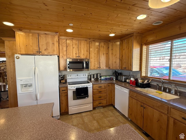 8043 E Badger Dr N, Heber City, UT 84032 - kitchen featuring white appliances, a sink, wooden ceiling, dark countertops, and light tile patterned floors