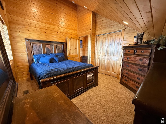 8043 E Badger Dr N, Heber City, UT 84032 - bedroom featuring lofted ceiling, wood walls, light colored carpet, and wood ceiling