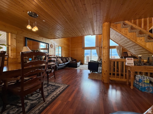 8043 E Badger Dr N, Heber City, UT 84032 - living area with wooden walls, wood ceiling, wood finished floors, and stairs
