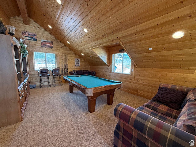 8043 E Badger Dr N, Heber City, UT 84032 - rec room featuring wooden ceiling, wood walls, vaulted ceiling, billiards table, and recessed lighting