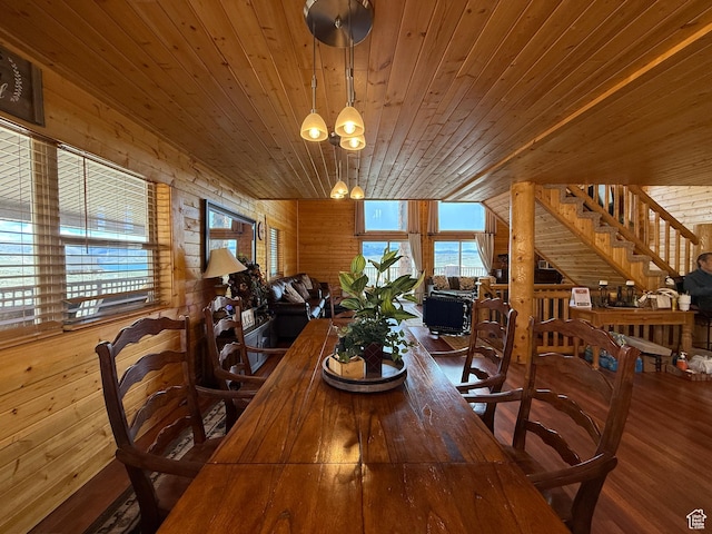8043 E Badger Dr N, Heber City, UT 84032 - dining room with wood ceiling, wood finished floors, a chandelier, and wooden walls