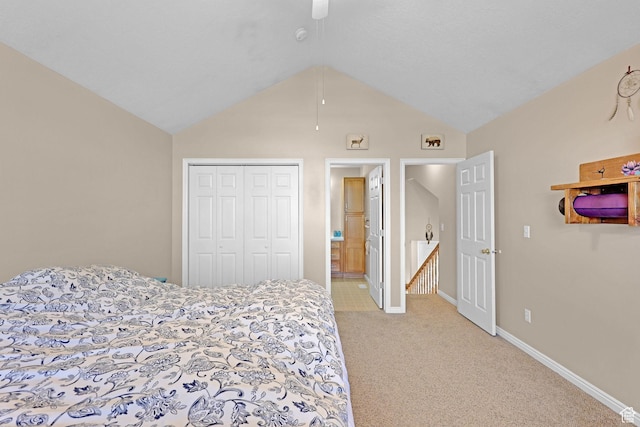 518 W 1330 N, Logan, UT 84341 - bedroom with light carpet, vaulted ceiling, a closet, ceiling fan, and ensuite bath