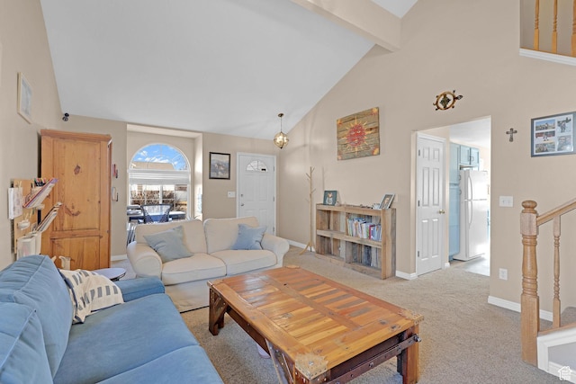 518 W 1330 N, Logan, UT 84341 - living room with high vaulted ceiling, light colored carpet, beam ceiling, and baseboards