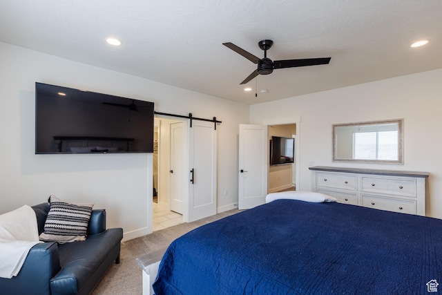 560 N Ventura Ln, Washington, UT 84780 - bedroom featuring a ceiling fan, ensuite bath, recessed lighting, a barn door, and light colored carpet