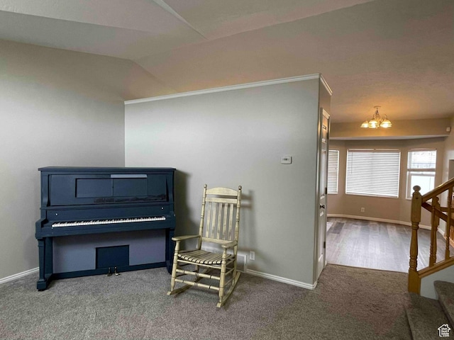 1217 E 3025 N, Layton, UT 84040 - sitting room featuring lofted ceiling, carpet, baseboards, a chandelier, and stairs