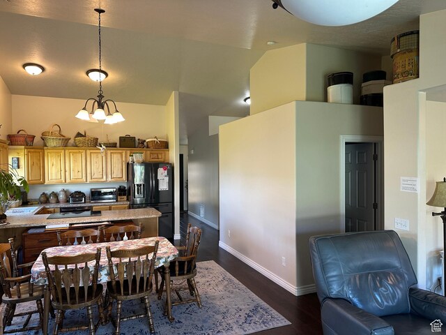 742 N Stonne Ln, Kaysville, UT 84037 - kitchen with black refrigerator with ice dispenser, dark wood-type flooring, light brown cabinets, lofted ceiling, and hanging light fixtures