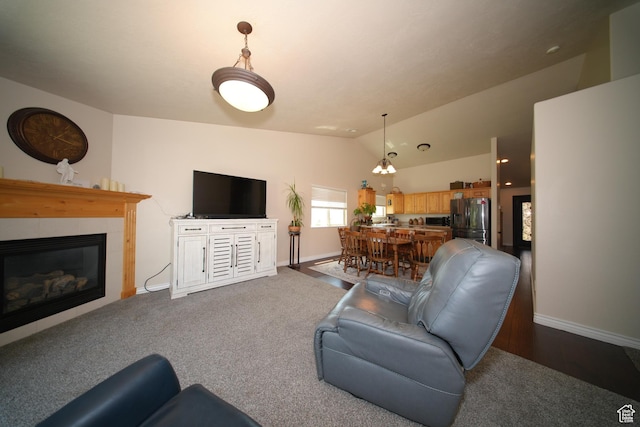 742 N Stonne Ln, Kaysville, UT 84037 - living room featuring lofted ceiling, carpet flooring, and a fireplace