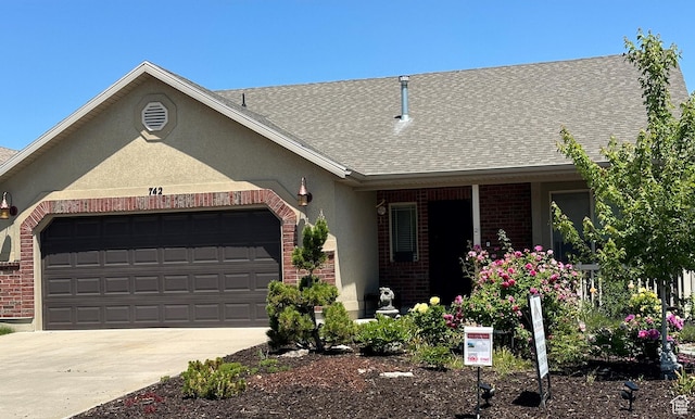742 N Stonne Ln, Kaysville, UT 84037 - ranch-style home featuring brick siding, roof with shingles, and a garage