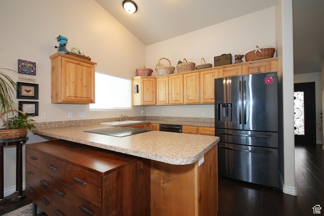 742 N Stonne Ln, Kaysville, UT 84037 - kitchen with fridge with ice dispenser, vaulted ceiling, light brown cabinets, light countertops, and dark wood-type flooring