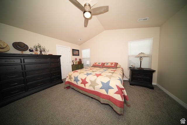 742 N Stonne Ln, Kaysville, UT 84037 - carpeted bedroom featuring multiple windows, lofted ceiling, and a ceiling fan
