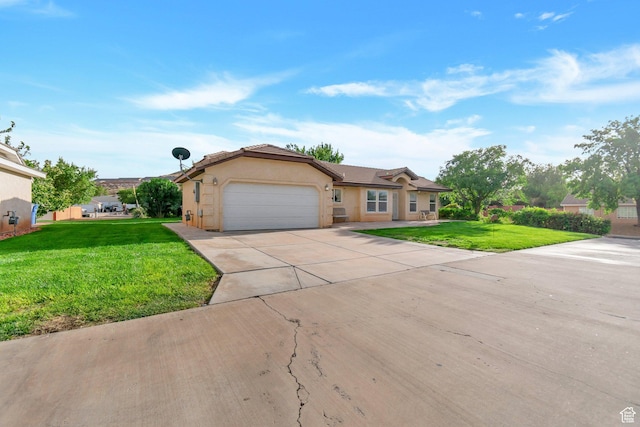 ranch-style house with a front yard, concrete driveway, stucco siding, a tiled roof, and a garage