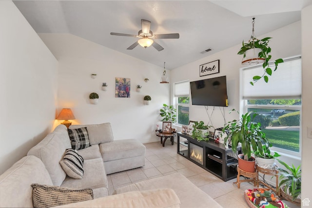 2163 W 127 S, Hurricane, UT 84737 - living room featuring visible vents, ceiling fan, lofted ceiling, and light tile patterned floors